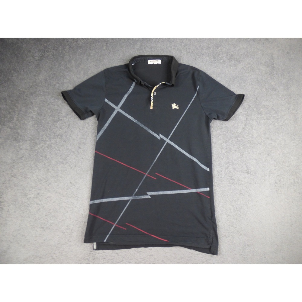 Burberry London Mens Black Abstract Stripe Polo Shirt Size M Knight Logo